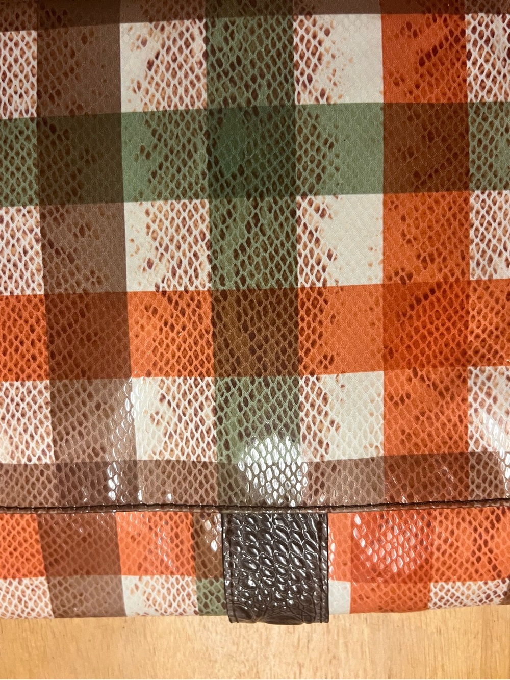 Plaid Faux Snakeskin Tote in Orange, Green & Cream
